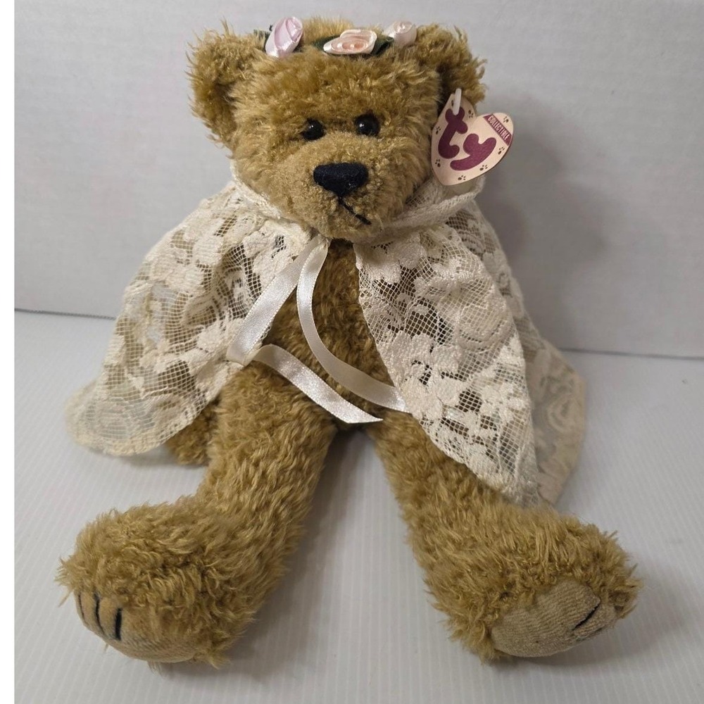 Ty Attic Treasures Bear Lace Cape Floral Crown Plush 12‎ Inch Writing in Tag